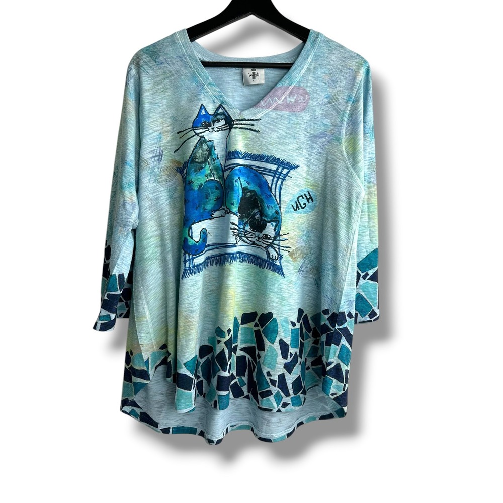 Inoah Womens Blue Green Cat Graphic V-Neck Tunic Top 3/4 Sleeve Size L T350KS